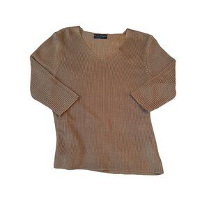 Authentic Salvatore Ferragamo Beige 100% Silk Knit V-Neck Sweater Made In Italy